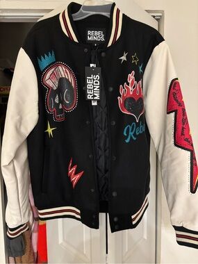 Rebel Minds Black & White Embroidered Varsity Jacket